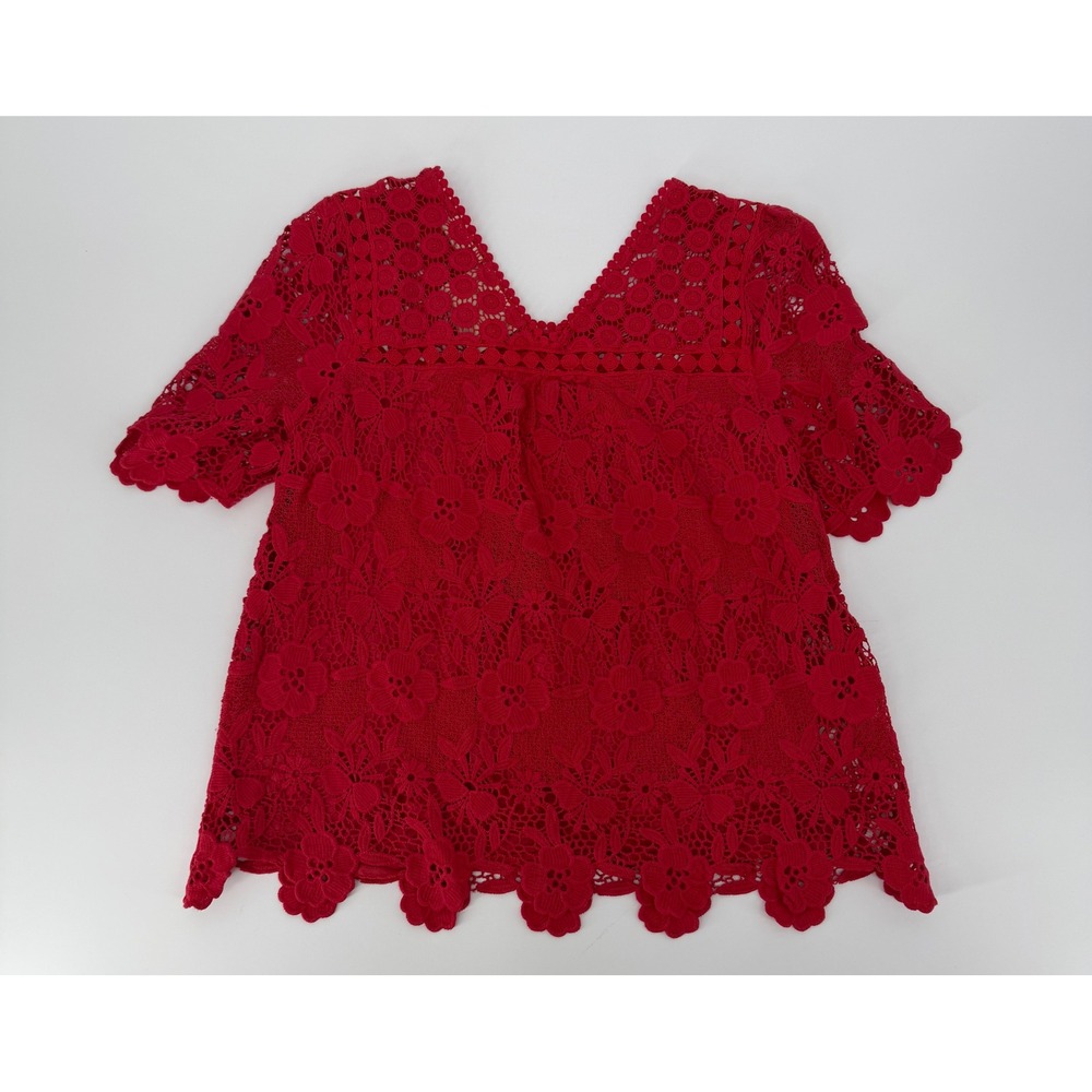 Vanessa Virginia Anthropologie Red Floral Lace Scalloped‎ V-Neck Short Sleeve 4 - Picture 9 of 9